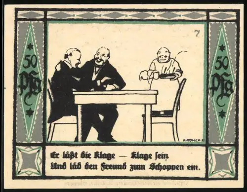 Notgeld Mülsen-St.-Jakob 1921, 50 Pfennig, zwei Männer am Tisch und zwei Löwen mit Wappen