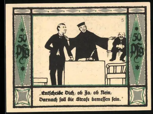 Notgeld Mülsen-St.-Jakob 1921, 50 Pfennig, zwei Löwen mit Wappen und Gerichtsszene