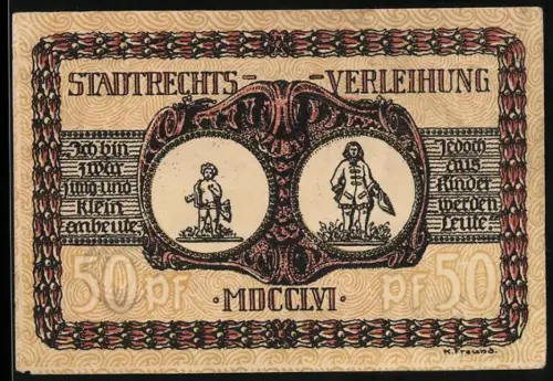 Notgeld Lörrach 1921, 50 Pf, Verleihung des Stadtrechts 1756, zwei Figuren, rotes Wappen mit Vogel