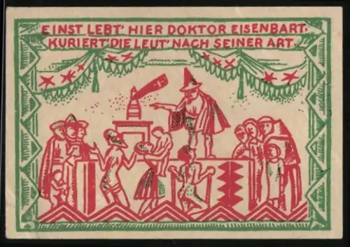 Notgeld Magdeburg 1921, 50 Pfennig, Doktor Eisenbart und Reiter mit Ortsansicht