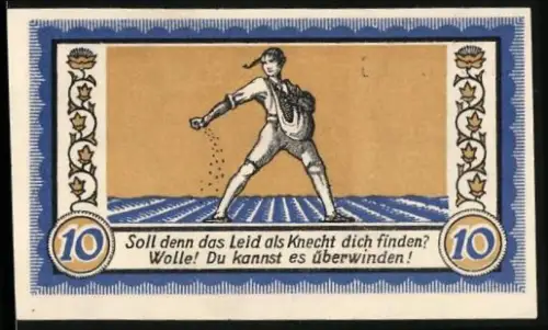 Notgeld Neuwied 1921, 10 Pfennig, Sämann mit Spruchband und floralem Muster