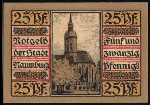 Notgeld Naumburg a. Saale 1920, 25 Pfennig, Wenzelskirche und Wappen mit Schlüsseln und Schwert