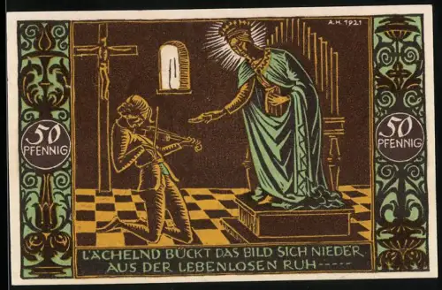 Notgeld Schw. Gmünd 1921, 50 Pfennig, Madonna mit Violinspieler und Kruzifix, zwei Wappen