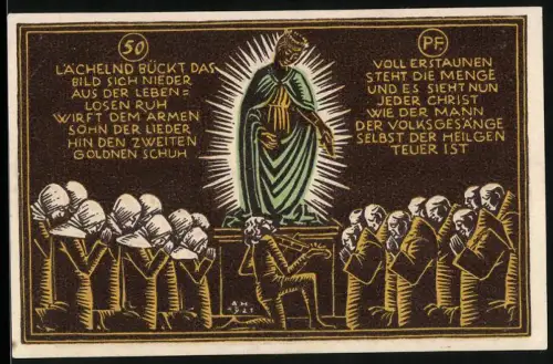 Notgeld Schw. Gmünd 1921, 50 Pfennig, Statue mit Gläubigen und Schriftzug, Wappen