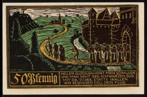 Notgeld Schw. Gmünd 1921, 50 Pfennig, Prozession und Landschaft mit Kirche und Burg
