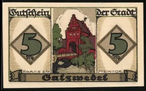 Notgeld Salzwedel 1921, 5 Pfennig, Partie am Steintor, Wappen und rote Burgansicht