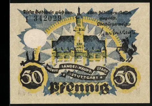 Notgeld Stuttgart 1921, 50 Pfennig, Landeshaus mit Wappen und Löwenornamenten