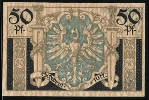 Notgeld Schweinfurt 1919, 50 Pfennig, Adler zwischen Säulen und Ornamenten