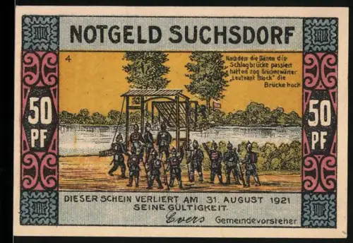 Notgeld Suchsdorf 1921, 50 Pf, Soldaten an der Brücke und Dorflandschaft