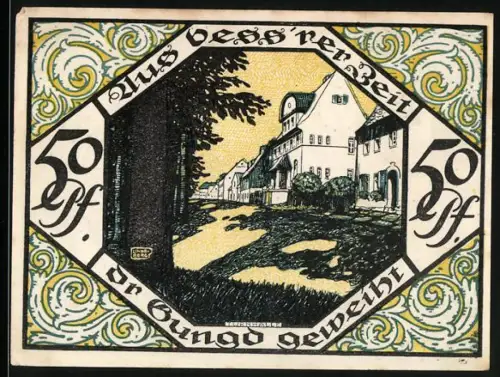 Notgeld Scheibenberg 1921, 50 Pfennig, Landschaft mit Bergmann und Ortsansicht mit Turnhalle
