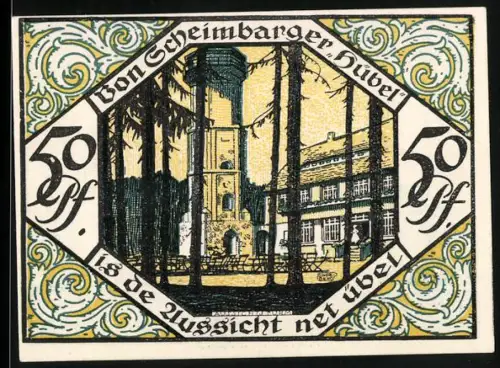 Notgeld Scheibenberg 1921, 50 Pfennig, Bergmann und Landschaft, Aussichtsturm und Gebäude im Wald