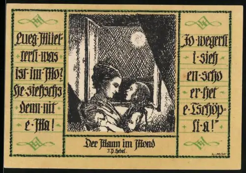 Notgeld Schopfheim 1921, 50 Pfennig, Mutter mit Kind am Fenster und Porträt einer Frau mit traditioneller Kopfbedeckung