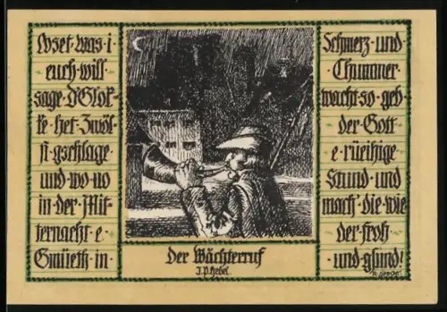 Notgeld Schopfheim 1921, 50 Pfennig, Wächterruf und Porträt einer Frau mit Tracht