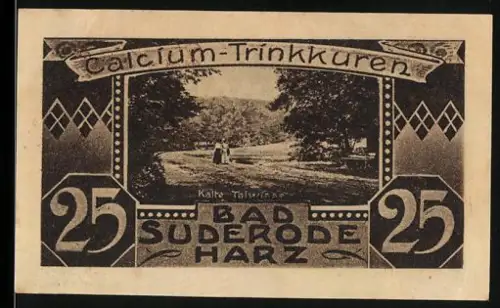 Notgeld Bad Suderode i. Harz 1921, 25 Pf, Calcium-Trinkkuren und Solbad-Motiv, Kalte Talwiese