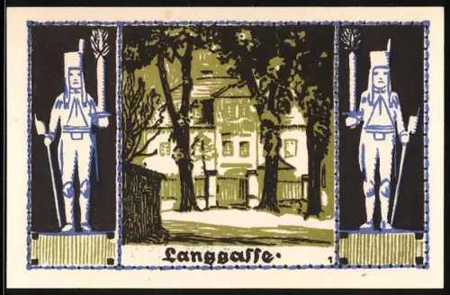 Notgeld Schneeberg 1921, 50 Pfennig, Wächter und Partie in der Langgasse, Wappen mit Löwen und Schild