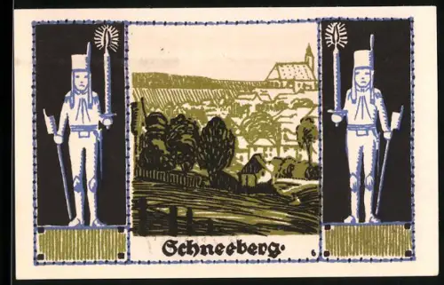 Notgeld Schneeberg 1921, 50 Pfennig, Bergmann mit Ortsansicht und Wappen mit Bergleuten