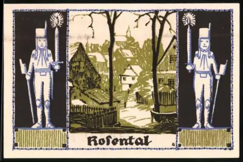 Notgeld Schneeberg 1921, 50 Pfennig, Ortsansicht Rosental und zwei Soldaten mit Hellebarden