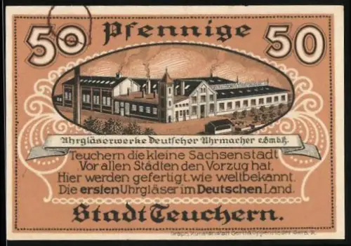 Notgeld Teuchern 1921, 50 Pfennig, Abgläserwerke und allegorische Figur mit Wappen und Werkzeugen