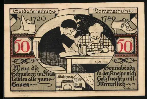 Notgeld Weissenfels a.d. Saale 1921, 50 Pfennig, Handwerker und Wirtshausszene, Stadtwappen