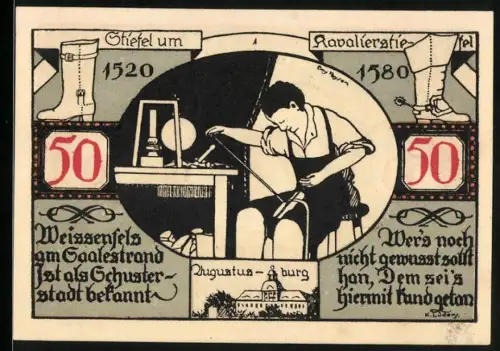 Notgeld Weissenfels a.d. Saale 1921, 50 Pfennig, Schuster bei der Arbeit und Stadtwappen