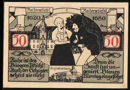 Notgeld Weissenfels a.d. Saale 1921, 50 Pfennig, Augustusburch-Motiv mit Paar und Stadtwappen