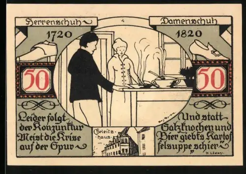 Notgeld Weissenfels a.d. Saale 1921, 50 Pfennig, Szenerie in der Küche, Schuhe, Stadtwappen