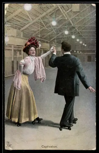 AK Elegantes Paar fährt zusammen auf Rollschuhen