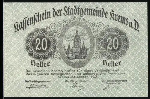 Notgeld Krems a. D. 1920, 20 Heller, Ortsansicht und Zitat von Goethe
