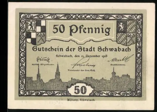 Notgeld Schwabach 1918, 50 Pfennig, Ortsansicht mit Kirche und Brunnen, Wappen und Signaturen