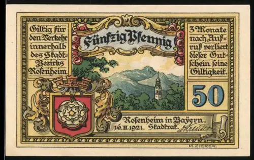 Notgeld Rosenheim 1921, 50 Pfennig, Landschaft mit Kirche und Ortsansicht mit Wappen und Verzierungen