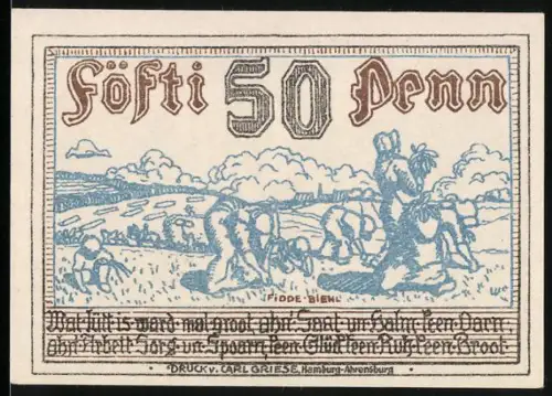 Notgeld Stormarn in Wandsbek 1920, 50 Pfennig, Ernteszene mit Bauern bei der Feldarbeit