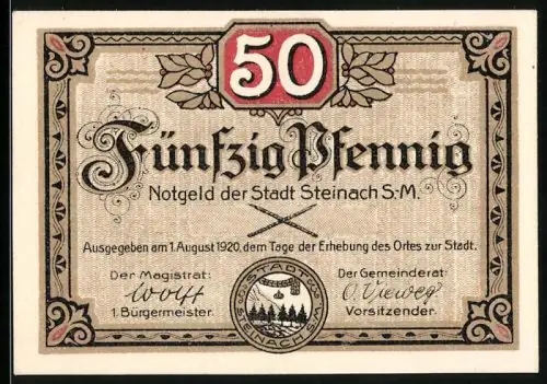 Notgeld Steinach /S.-M. 1920, 50 Pfennig, Ortsansicht und Stadtwappen
