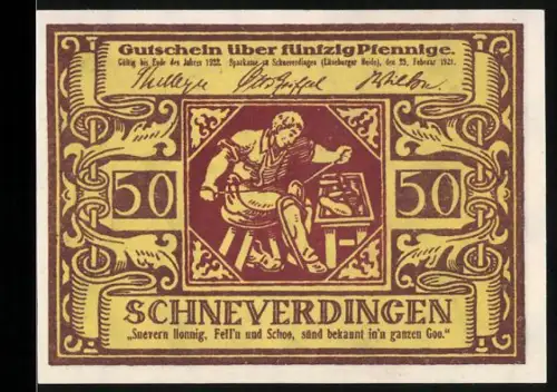 Notgeld Schneverdingen 1921, 50 Pfennig, Handwerker an der Werkbank, florale Muster