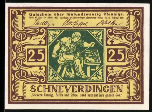 Notgeld Schneverdingen 1922, 25 Pfennig, Handwerker am Tisch, florales Muster