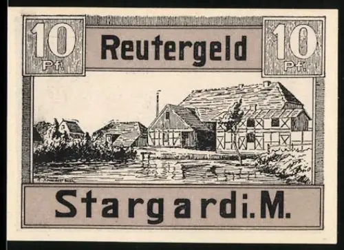 Notgeld Stargard i. M., 10 Pf, Fachwerkhaus und Landschaft mit Bäumen und Kirche