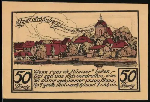 Notgeld Schönberg /Ratzeburg 1921, 50 Pfennig, Ortsansicht mit Kirche und Reimtext