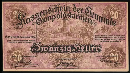 Notgeld Gumpoldskirchen 1920, 20 Heller, Rathausansicht