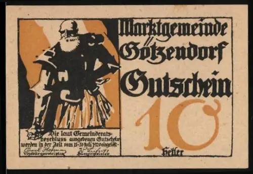 Notgeld Götzendorf, 10 Heller, Ritter mit Rüstung und Schwert