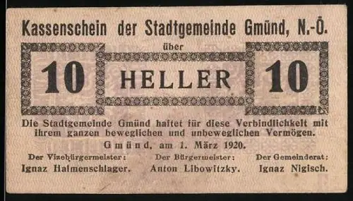 Notgeld Gmünd /N.-Ö. 1920, 10 Heller, Kassenschein mit Zahlungsbedingungen