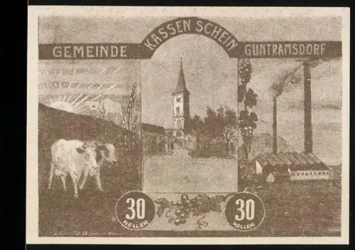 Notgeld Guntramsdorf 1920, 30 Heller, Landschaft mit Kirche, Kühen und Fabrik, Wappen inkludiert