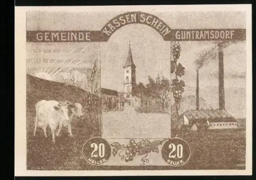 Notgeld Guntramsdorf 1920, 20 Heller, Kühe, Kirche und Fabrik mit Schornsteinen, Wappen der Marktgemeinde
