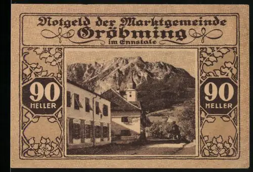 Notgeld Gröbming im Ennstale 1920, 90 Heller, Landschaftsmotiv mit Berg und Gebäude, Wappen und Inschrift