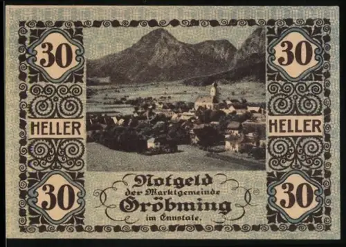 Notgeld Gröbming 1920, 30 Heller, Ortsansicht mit Bergen und Wappen von Gröbming