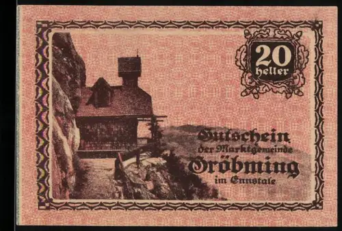 Notgeld Gröbming 1920, 20 Heller, Landschaft mit Gebäude und Zitat von P. K. Rosegger