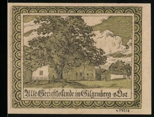 Notgeld Gilgenberg, 20 Heller, Alte Gerichtslinde und ländliche Szene