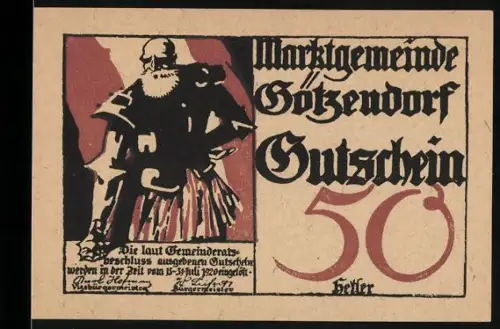 Notgeld Götzendorf, 50 Heller, Krieger mit Schwert und Harnisch