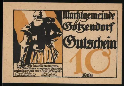 Notgeld Götzendorf 1920, 10 Heller, Ritter mit Axt und Schild