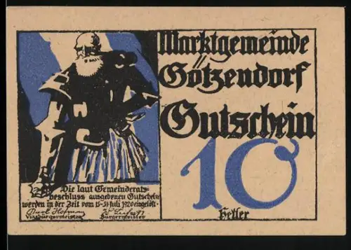 Notgeld Götzendorf, 10 Heller, Ritterabbildung und gotische Schrift