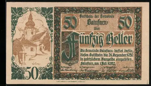 Notgeld Gainfarn 1920, 50 Heller, Kirche und Wappen