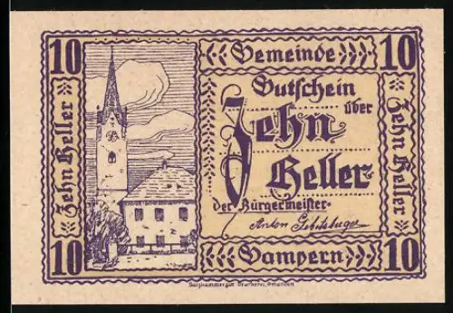 Notgeld Gampern 1920, 10 Heller, Kirchturm und Gebäude vor Wolkenhimmel